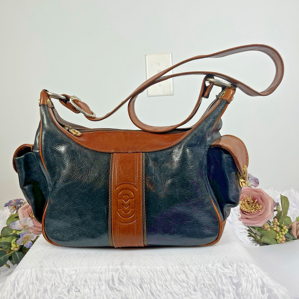 Vintage Marino Orlandi Italy Black Brown Leather Shoulder Bag Purse Logo Y2K